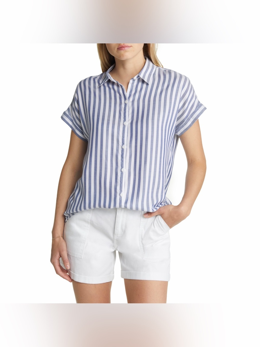 Beachlunchlounge Darby Stripe Short Sleeve Button-up Shirt XS Blue White